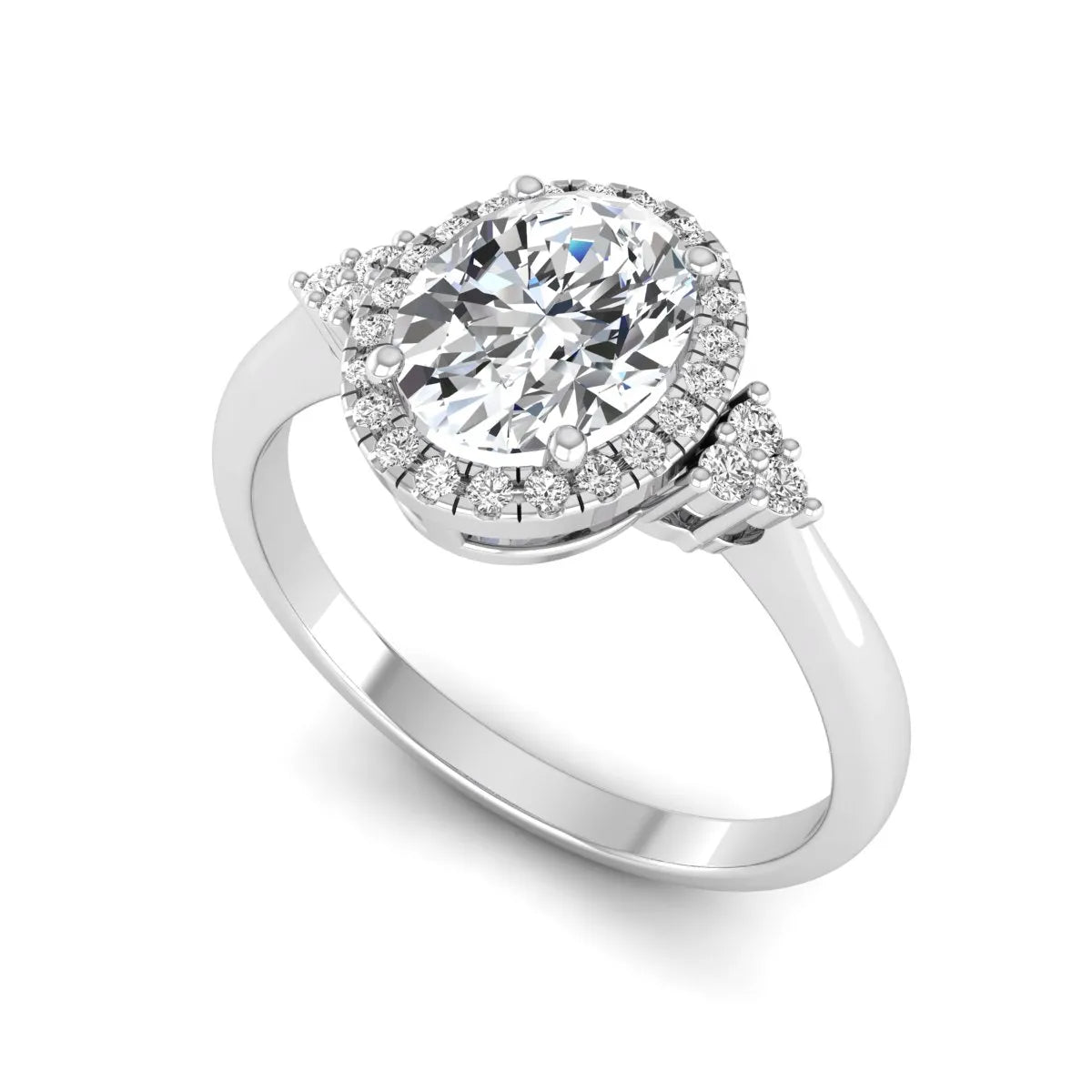IGI Certified 1.86 carat oval cut lab grown diamond halo engagement ring with round diamond accent shoulders in white gold.