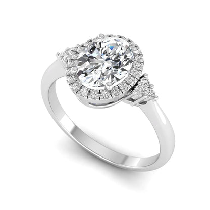 IGI Certified 1.86 carat oval cut lab grown diamond halo engagement ring with round diamond accent shoulders in white gold.