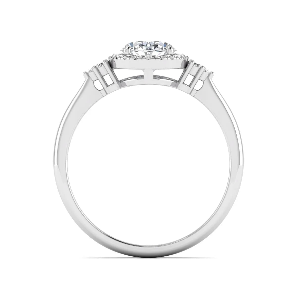 IGI Certified 1.86 carat oval cut lab grown diamond halo engagement ring with round diamond accent shoulders in white gold.