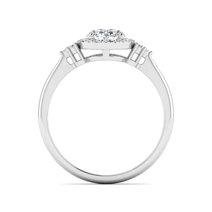 IGI Certified 1.86 carat oval cut lab grown diamond halo engagement ring with round diamond accent shoulders in white gold.