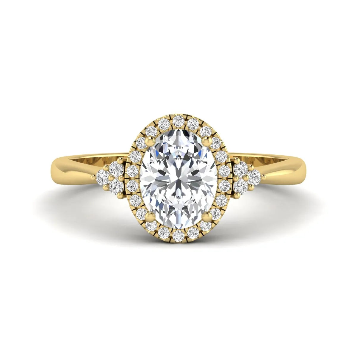 IGI Certified 1.86 carat oval cut lab grown diamond halo engagement ring with round diamond accent shoulders in yellow gold.