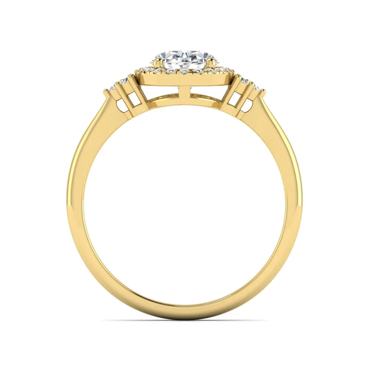 IGI Certified 1.86 carat oval cut lab grown diamond halo engagement ring with round diamond accent shoulders in yellow gold.