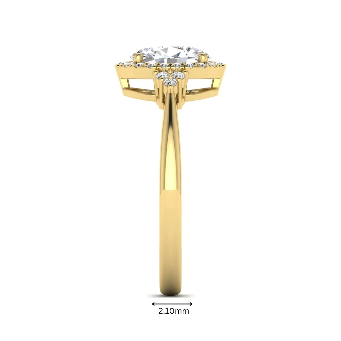 IGI Certified 1.86 carat oval cut lab grown diamond halo engagement ring with round diamond accent shoulders in yellow gold.