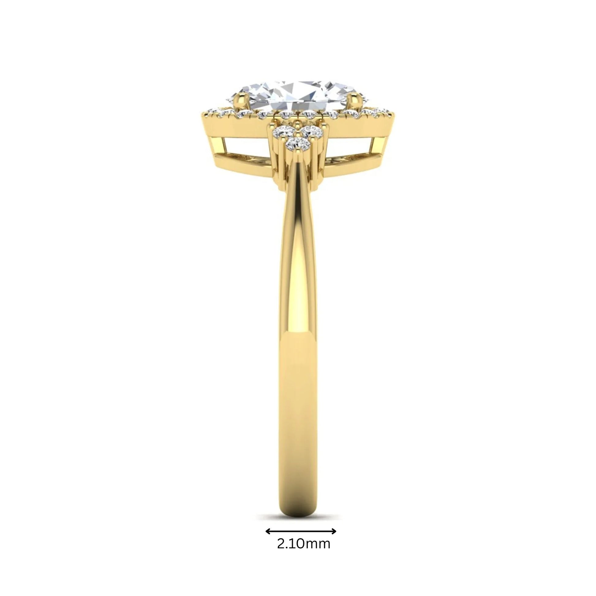 IGI Certified 1.86 carat oval cut lab grown diamond halo engagement ring with round diamond accent shoulders in yellow gold.