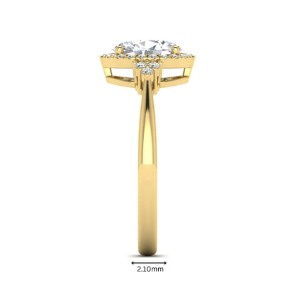 IGI Certified 1.86 carat oval cut lab grown diamond halo engagement ring with round diamond accent shoulders in yellow gold.