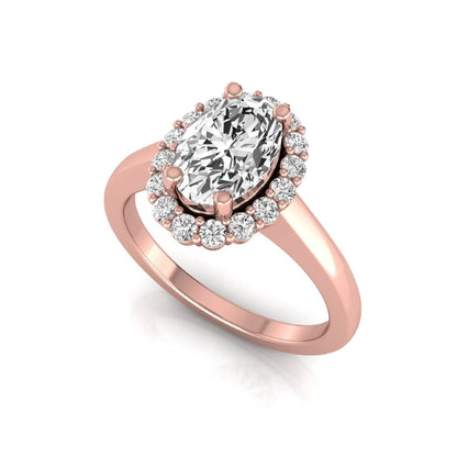 Oval halo lab grown diamond engagement ring featuring a 1.41 carat oval center diamond surrounded by round accent diamonds in a classic halo setting in rose gold