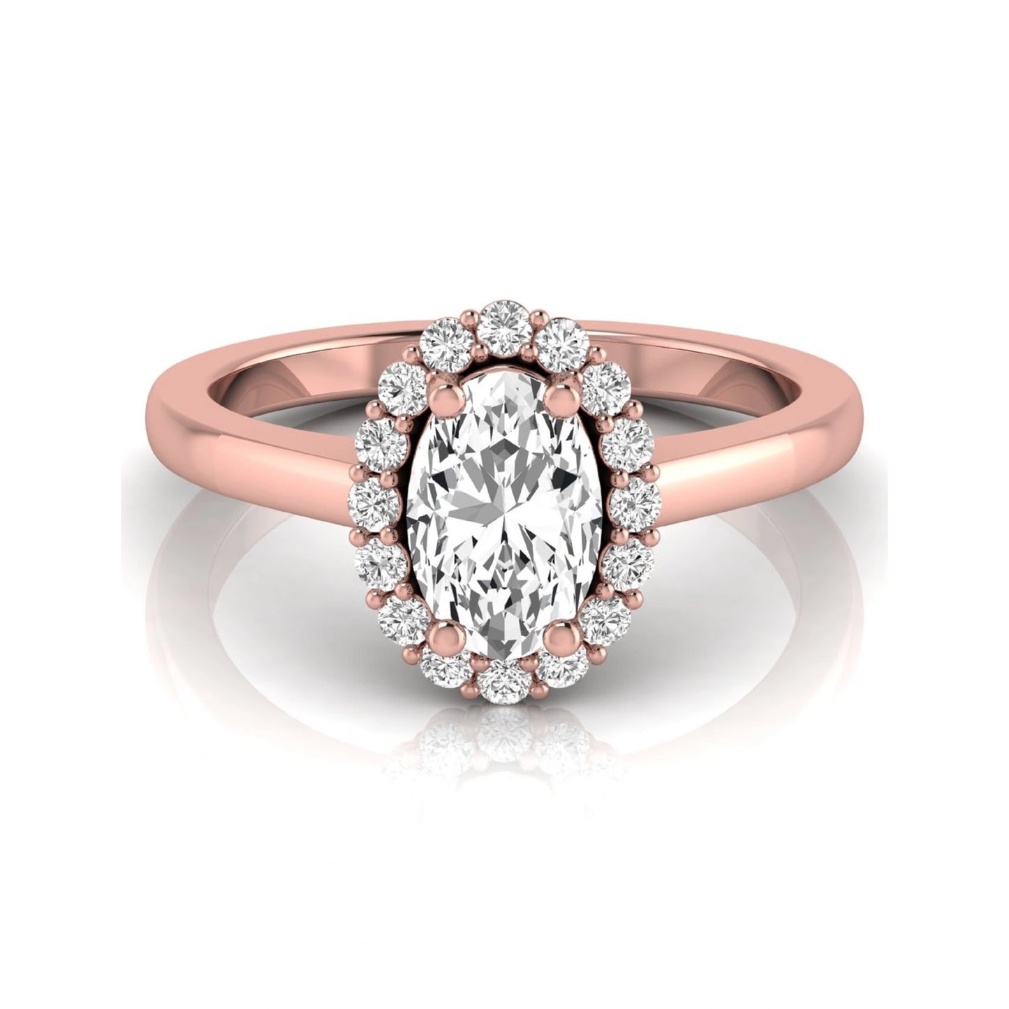 Oval halo lab grown diamond engagement ring featuring a 1.41 carat oval center diamond surrounded by round accent diamonds in a classic halo setting in rose gold