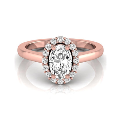 Oval halo lab grown diamond engagement ring featuring a 1.41 carat oval center diamond surrounded by round accent diamonds in a classic halo setting in rose gold