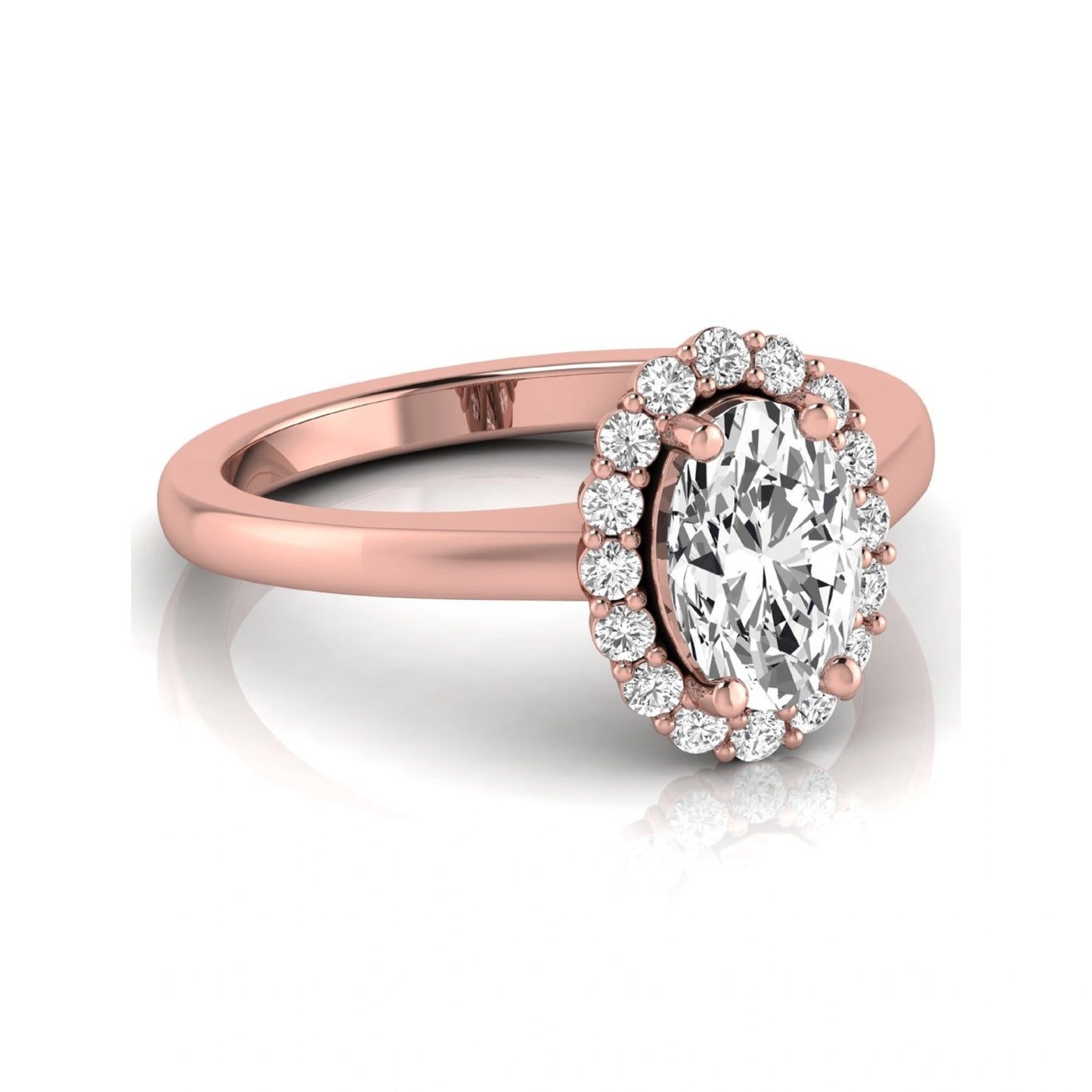 Oval halo lab grown diamond engagement ring featuring a 1.41 carat oval center diamond surrounded by round accent diamonds in a classic halo setting in rose gold