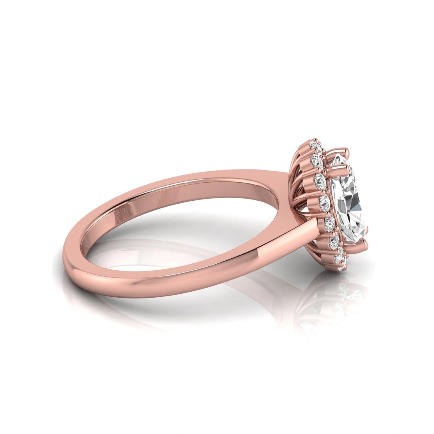 Oval halo lab grown diamond engagement ring featuring a 1.41 carat oval center diamond surrounded by round accent diamonds in a classic halo setting in rose gold