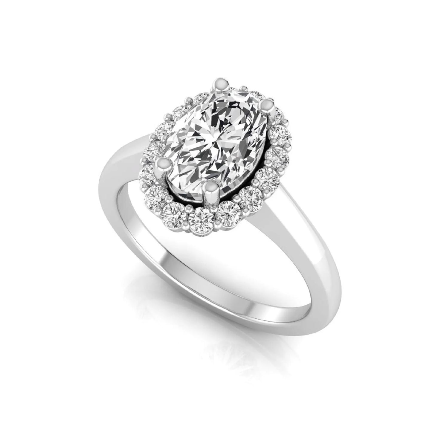 Oval halo lab grown diamond engagement ring featuring a 1.41 carat oval center diamond surrounded by round accent diamonds in a classic halo setting in white gold