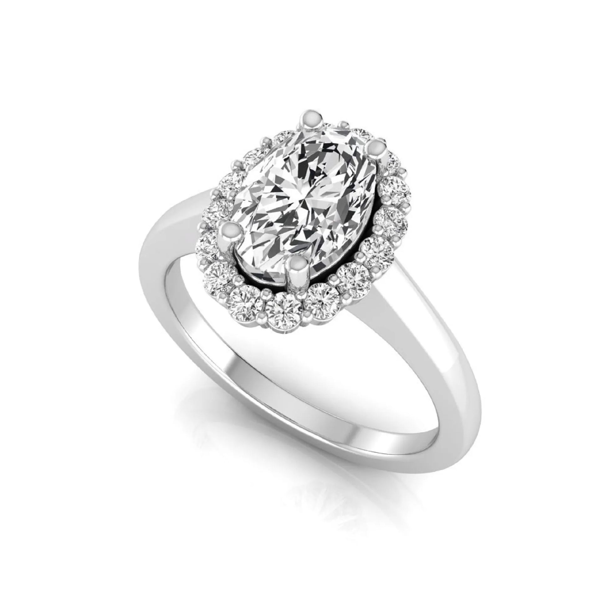 Oval halo lab grown diamond engagement ring featuring a 1.41 carat oval center diamond surrounded by round accent diamonds in a classic halo setting in white gold