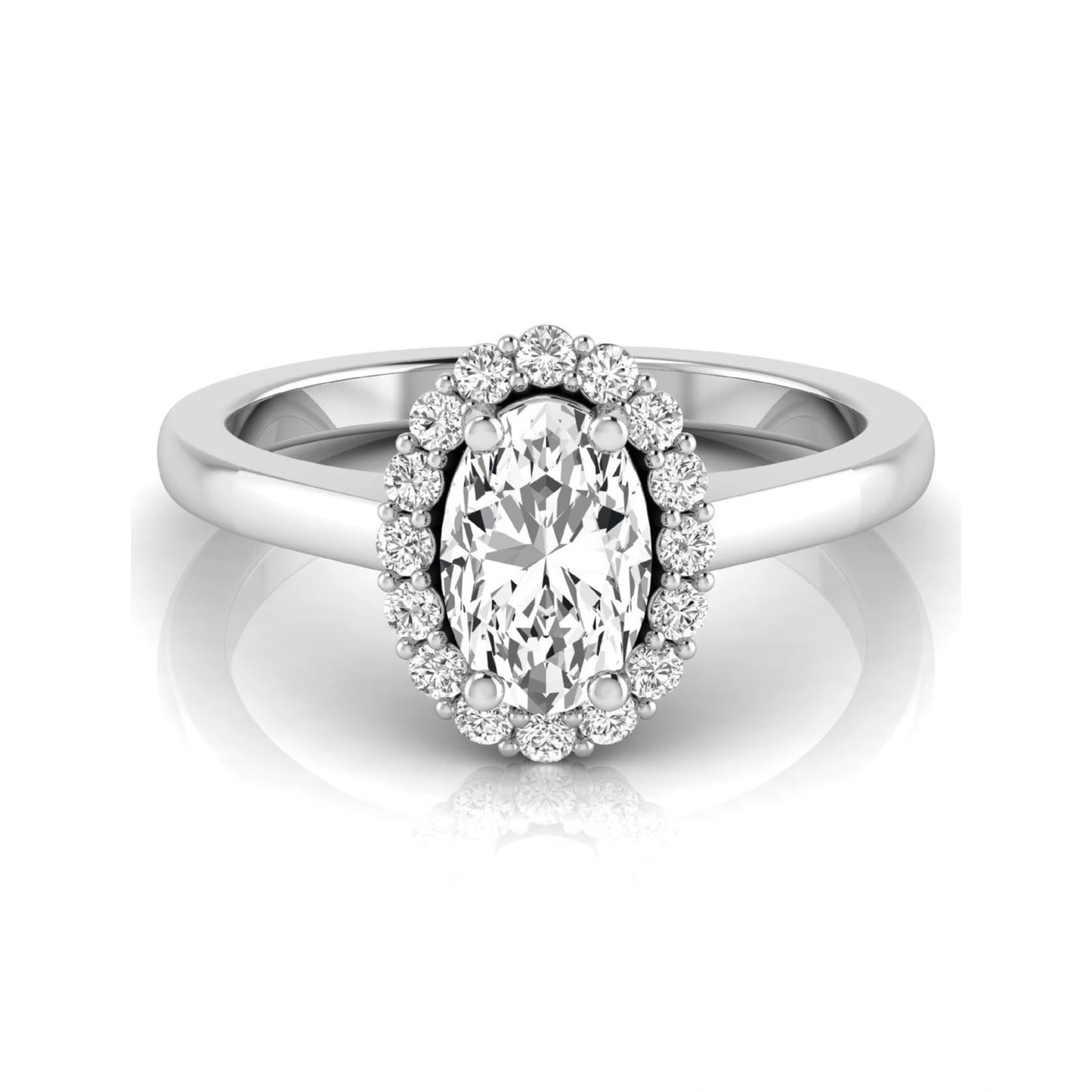 Oval halo lab grown diamond engagement ring featuring a 1.41 carat oval center diamond surrounded by round accent diamonds in a classic halo setting in white gold