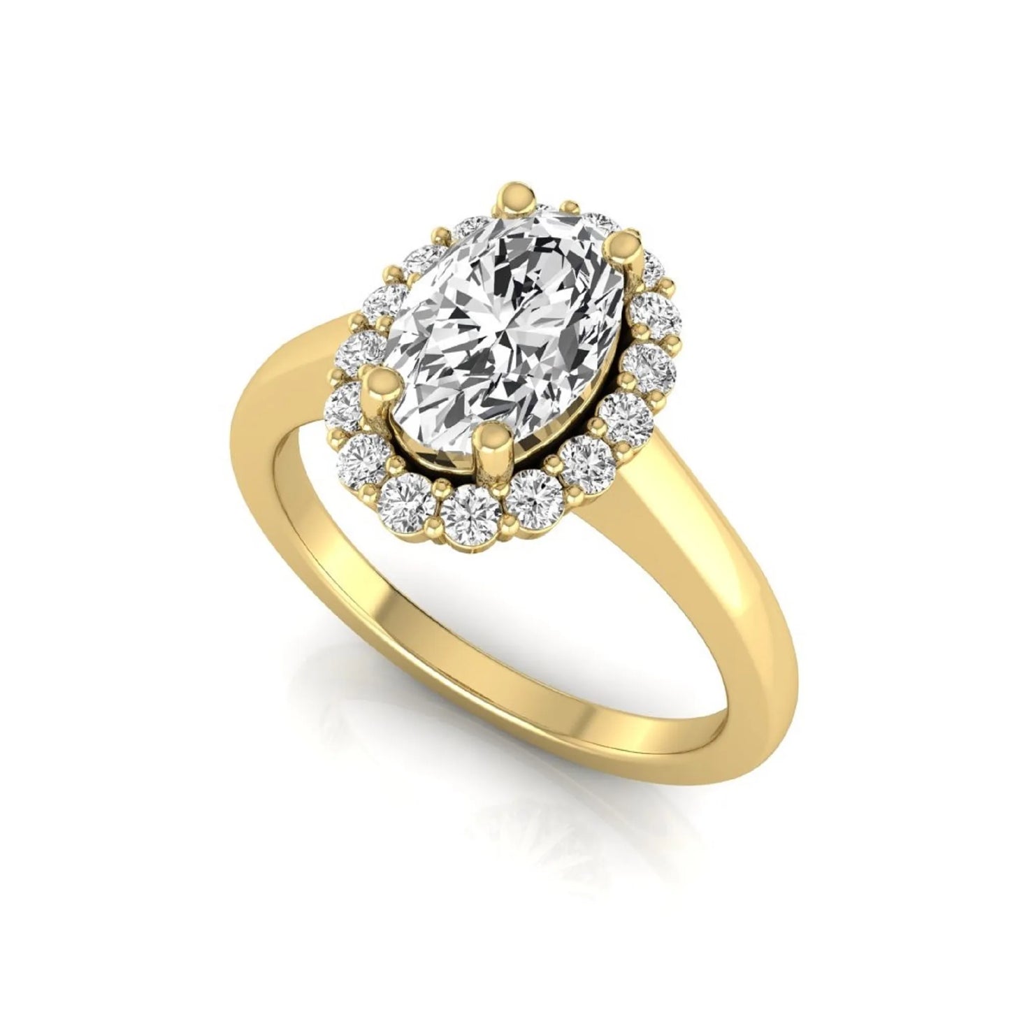 Oval halo lab grown diamond engagement ring featuring a 1.41 carat oval center diamond surrounded by round accent diamonds in a classic halo setting in yellow gold