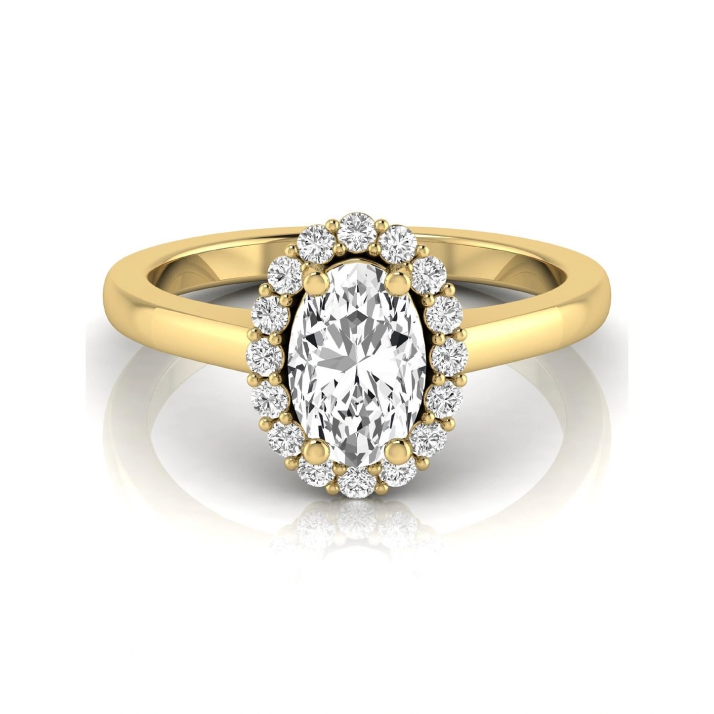 Oval halo lab grown diamond engagement ring featuring a 1.41 carat oval center diamond surrounded by round accent diamonds in a classic halo setting in yellow gold