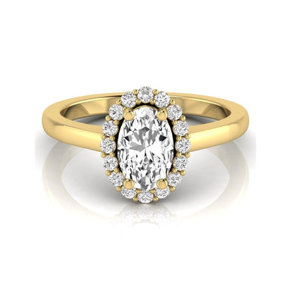 Oval halo lab grown diamond engagement ring featuring a 1.41 carat oval center diamond surrounded by round accent diamonds in a classic halo setting in yellow gold