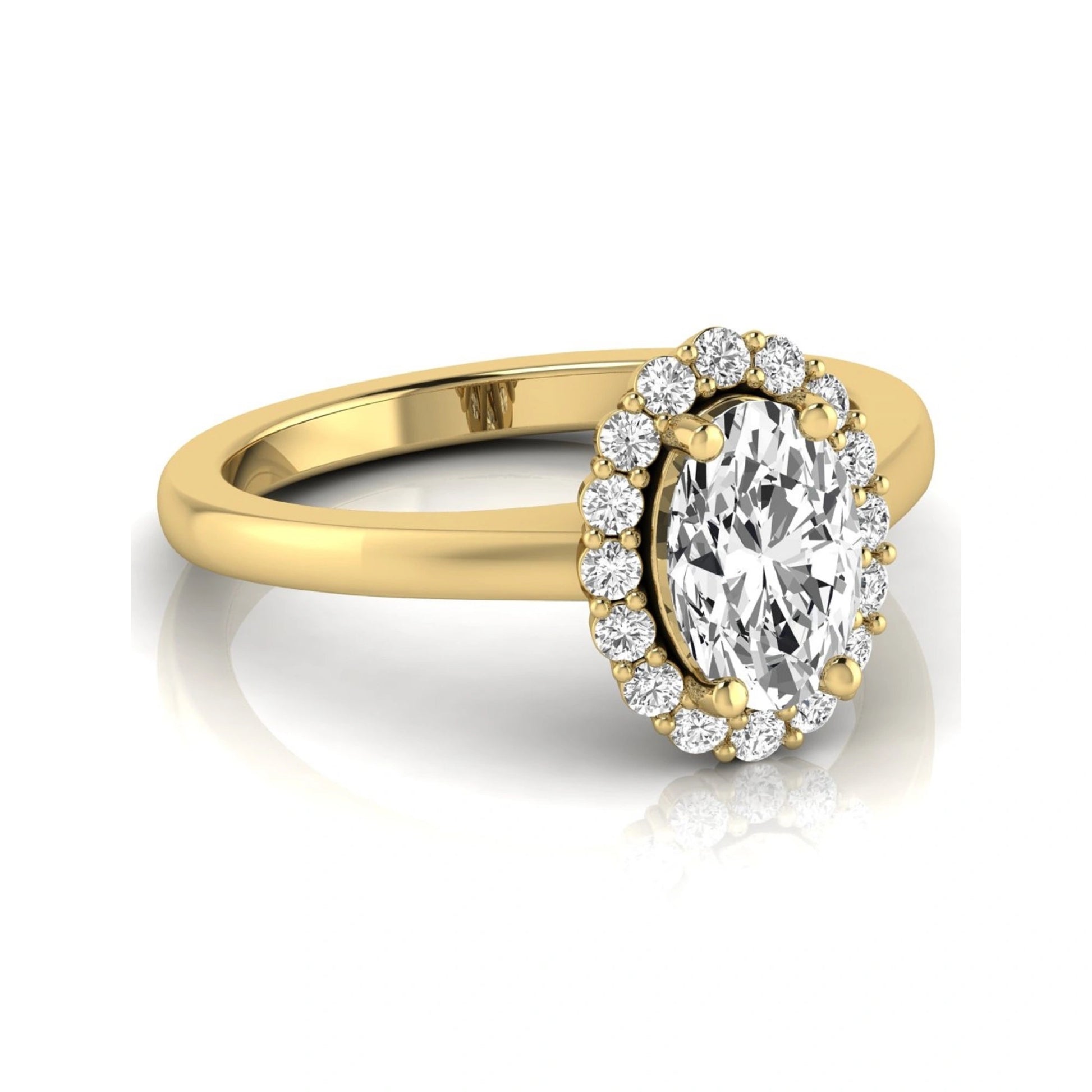 Oval halo lab grown diamond engagement ring featuring a 1.41 carat oval center diamond surrounded by round accent diamonds in a classic halo setting in yellow gold