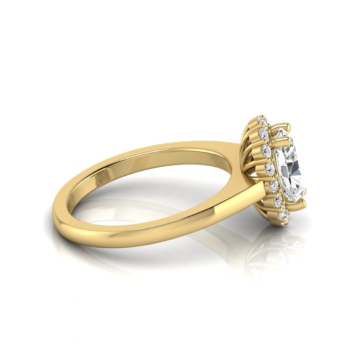 Oval halo lab grown diamond engagement ring featuring a 1.41 carat oval center diamond surrounded by round accent diamonds in a classic halo setting in yellow gold