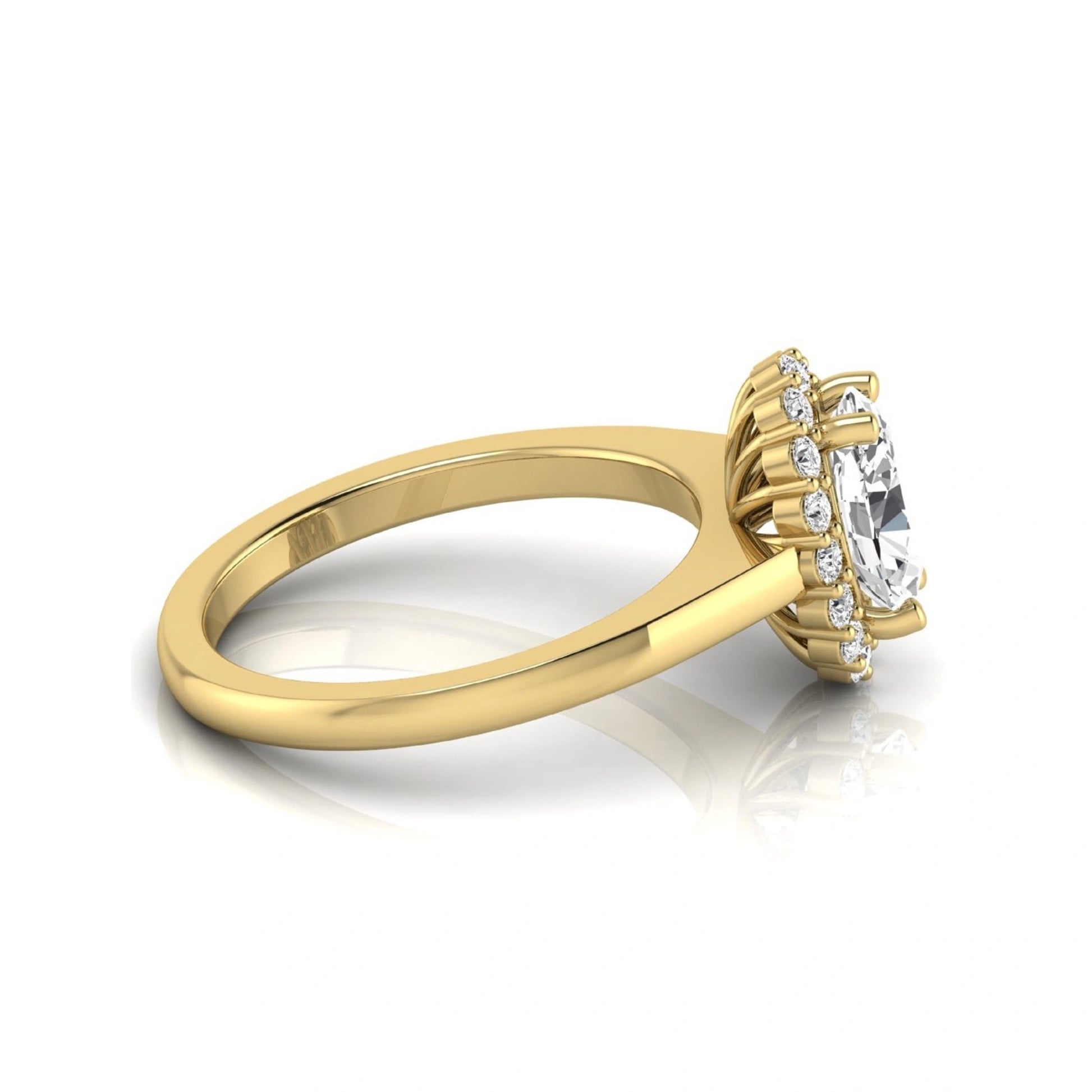 Oval halo lab grown diamond engagement ring featuring a 1.41 carat oval center diamond surrounded by round accent diamonds in a classic halo setting in yellow gold