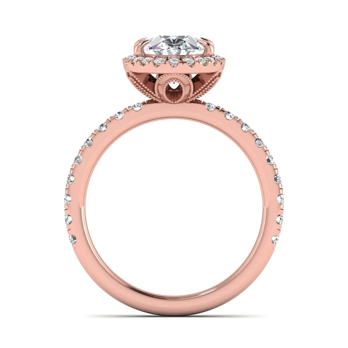 Oval cut lab grown diamond halo engagement ring with pavé round diamonds in a rose gold setting