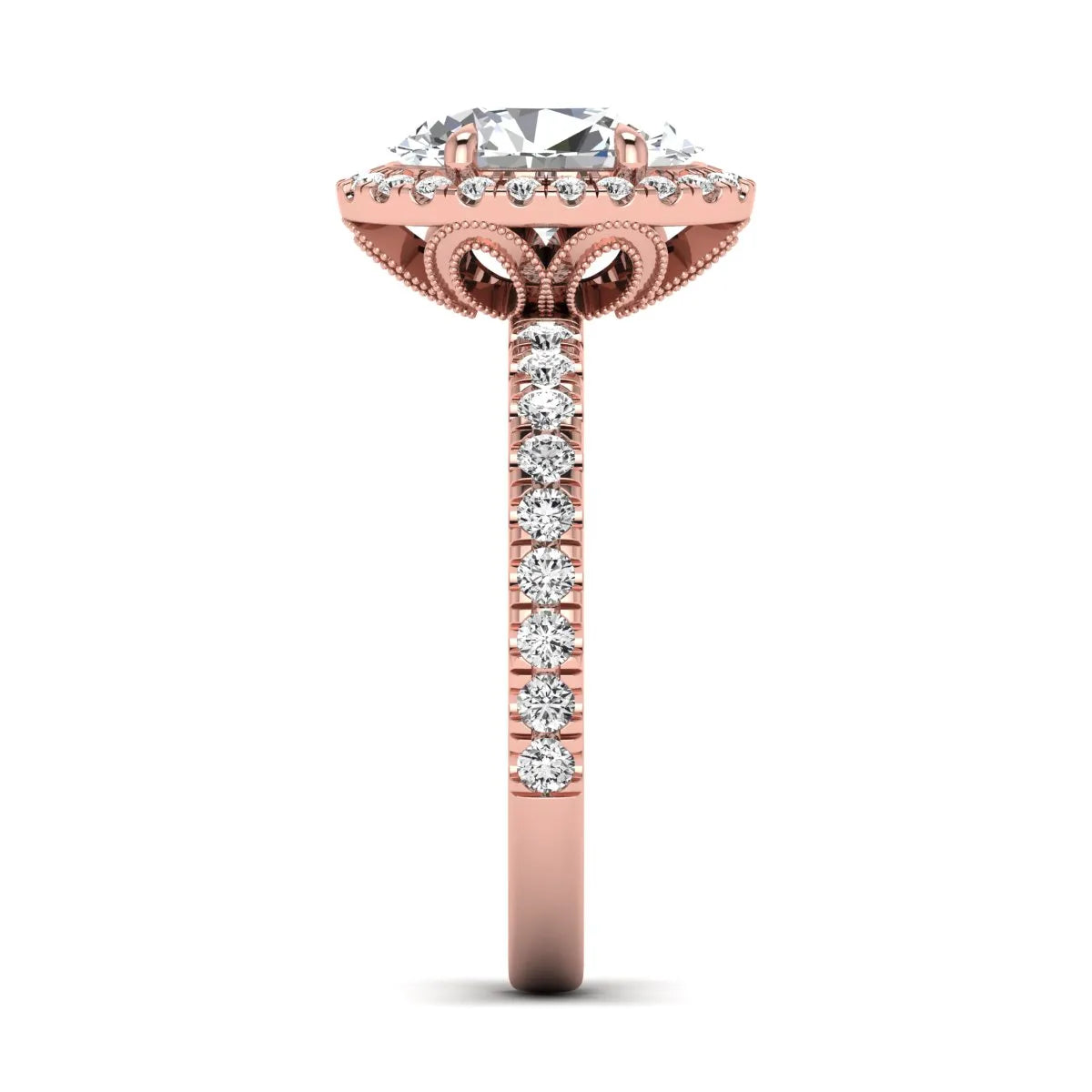 Oval cut lab grown diamond halo engagement ring with pavé round diamonds in a rose gold setting
