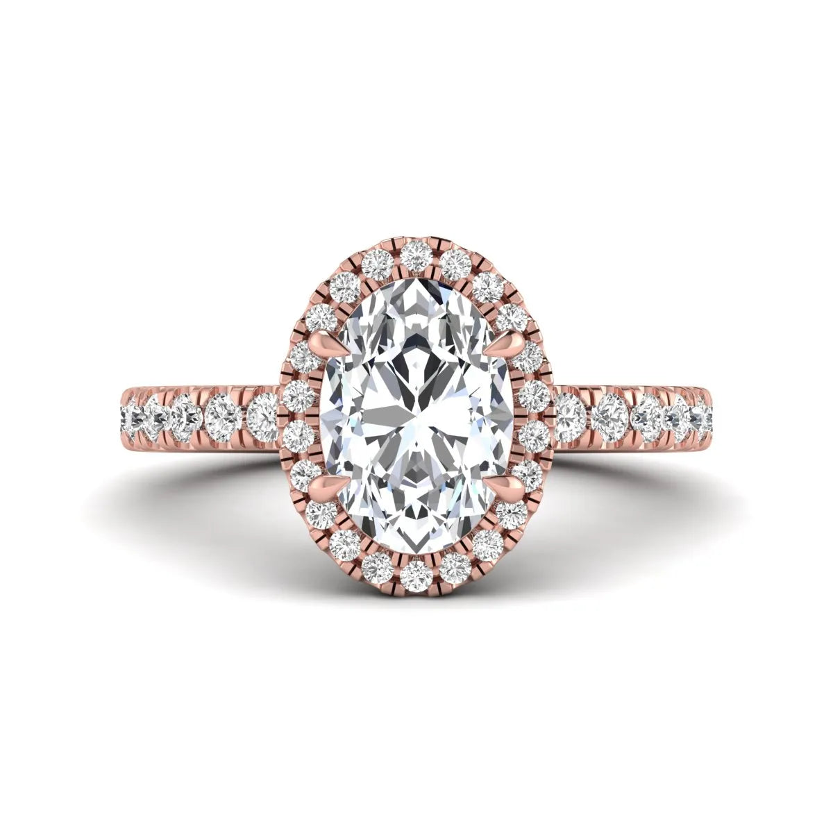 Oval cut lab grown diamond halo engagement ring with pavé round diamonds in a rose gold setting