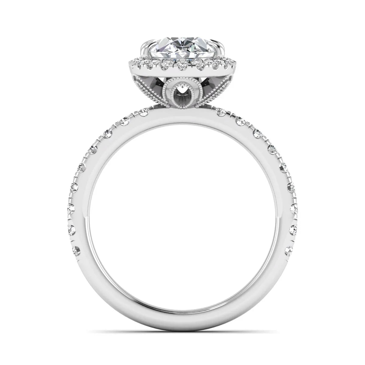 Oval cut lab grown diamond halo engagement ring with pavé round diamonds in a white gold setting