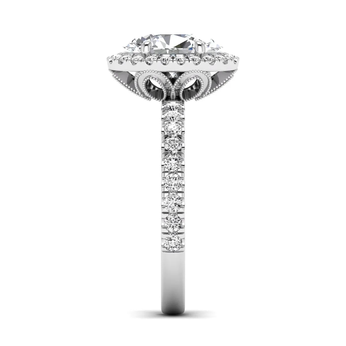 Oval cut lab grown diamond halo engagement ring with pavé round diamonds in a white gold setting