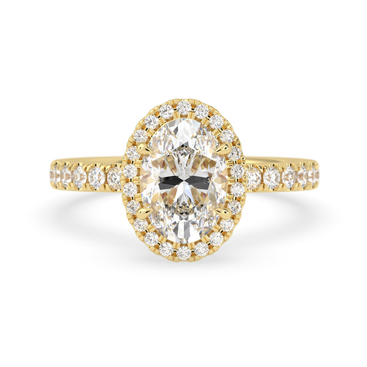 Oval cut lab grown diamond halo engagement ring with pavé round diamonds in a yellow gold setting