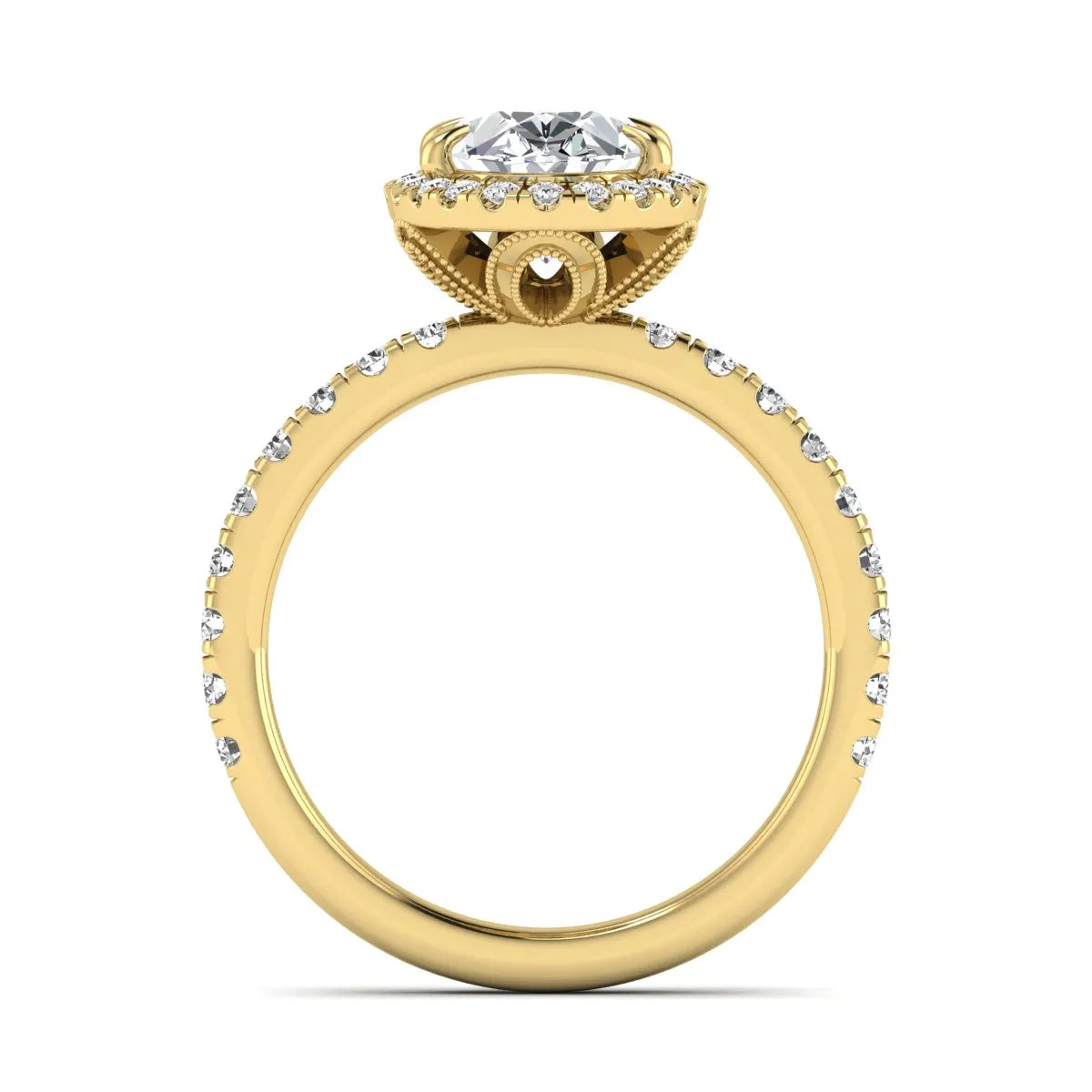 Oval cut lab grown diamond halo engagement ring with pavé round diamonds in a yellow gold setting