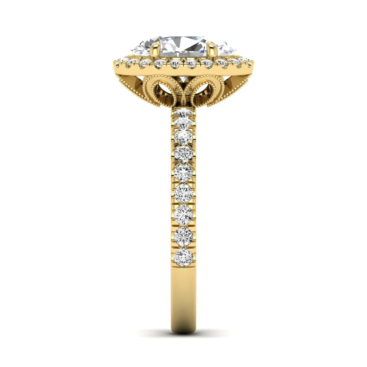 Oval cut lab grown diamond halo engagement ring with pavé round diamonds in a yellow gold setting