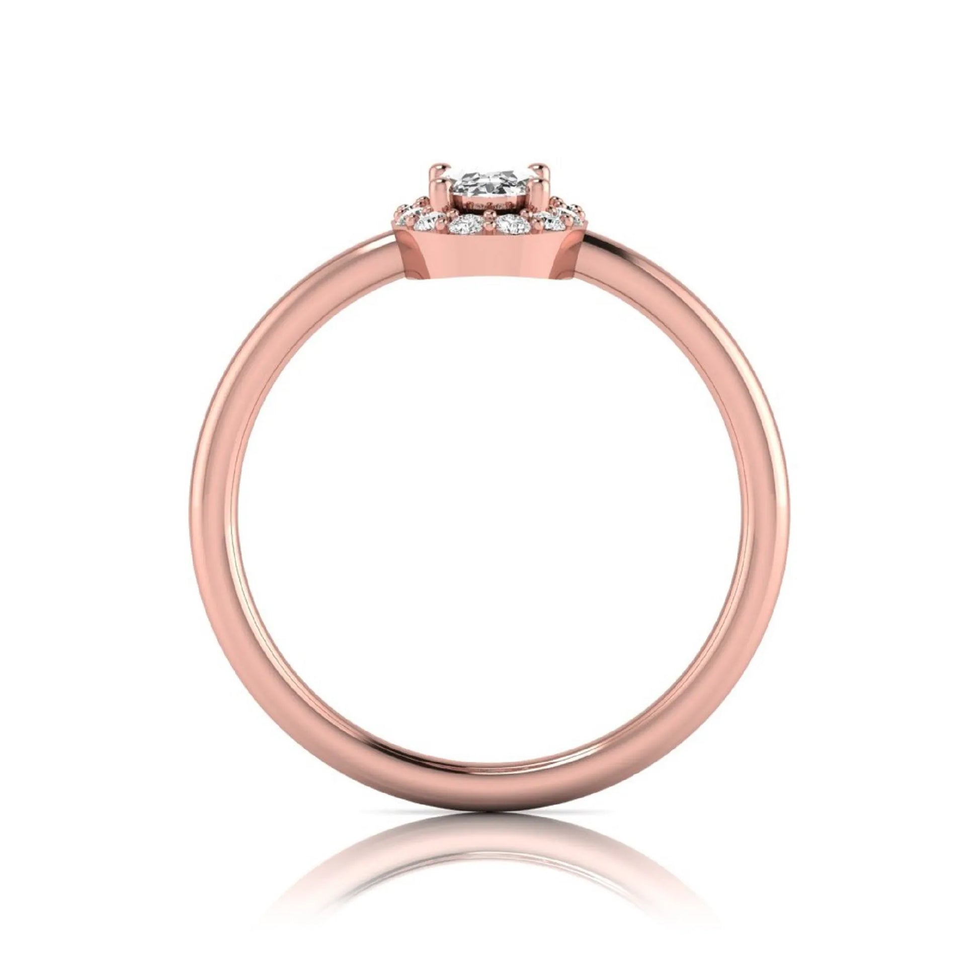Oval halo lab grown diamond engagement ring featuring a 0.43 carat oval cut center diamond surrounded by round halo diamonds in a rose gold design.