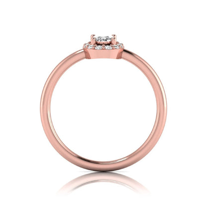 Oval halo lab grown diamond engagement ring featuring a 0.43 carat oval cut center diamond surrounded by round halo diamonds in a rose gold design.