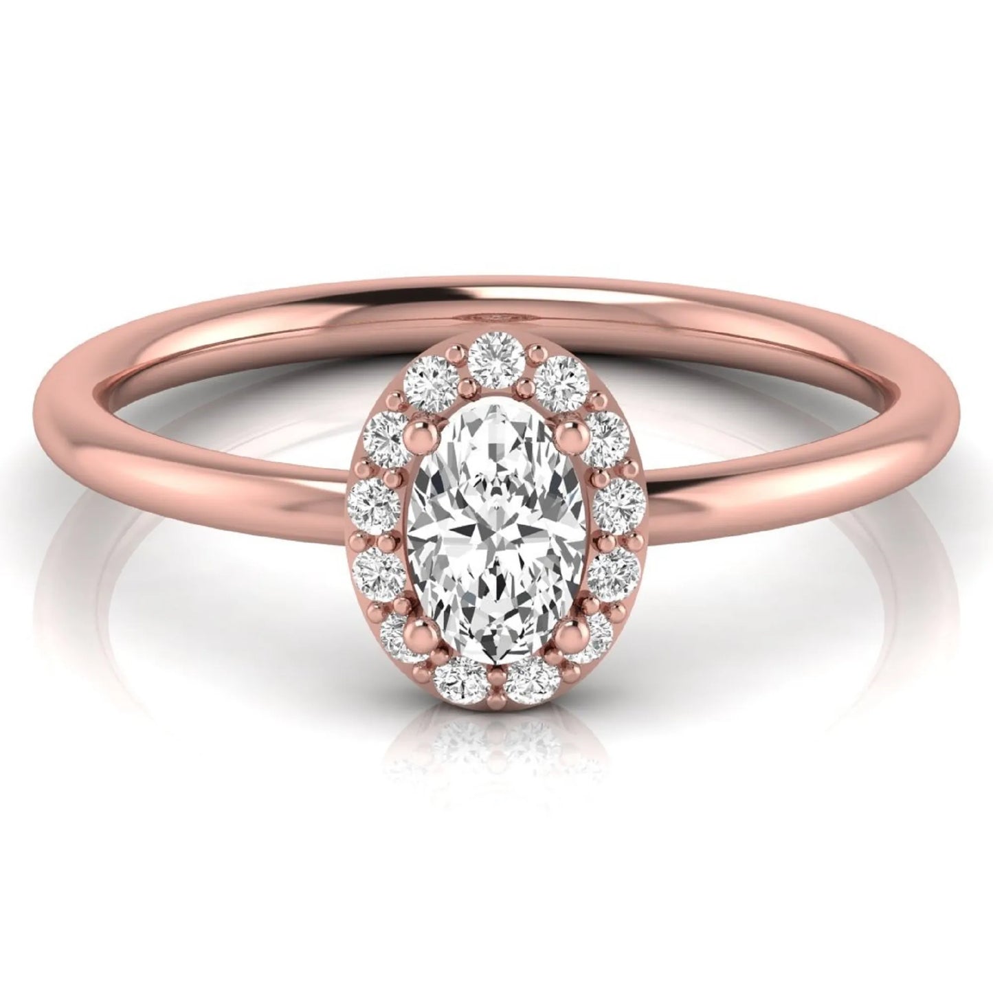 Oval halo lab grown diamond engagement ring featuring a 0.43 carat oval cut center diamond surrounded by round halo diamonds in a rose gold design.