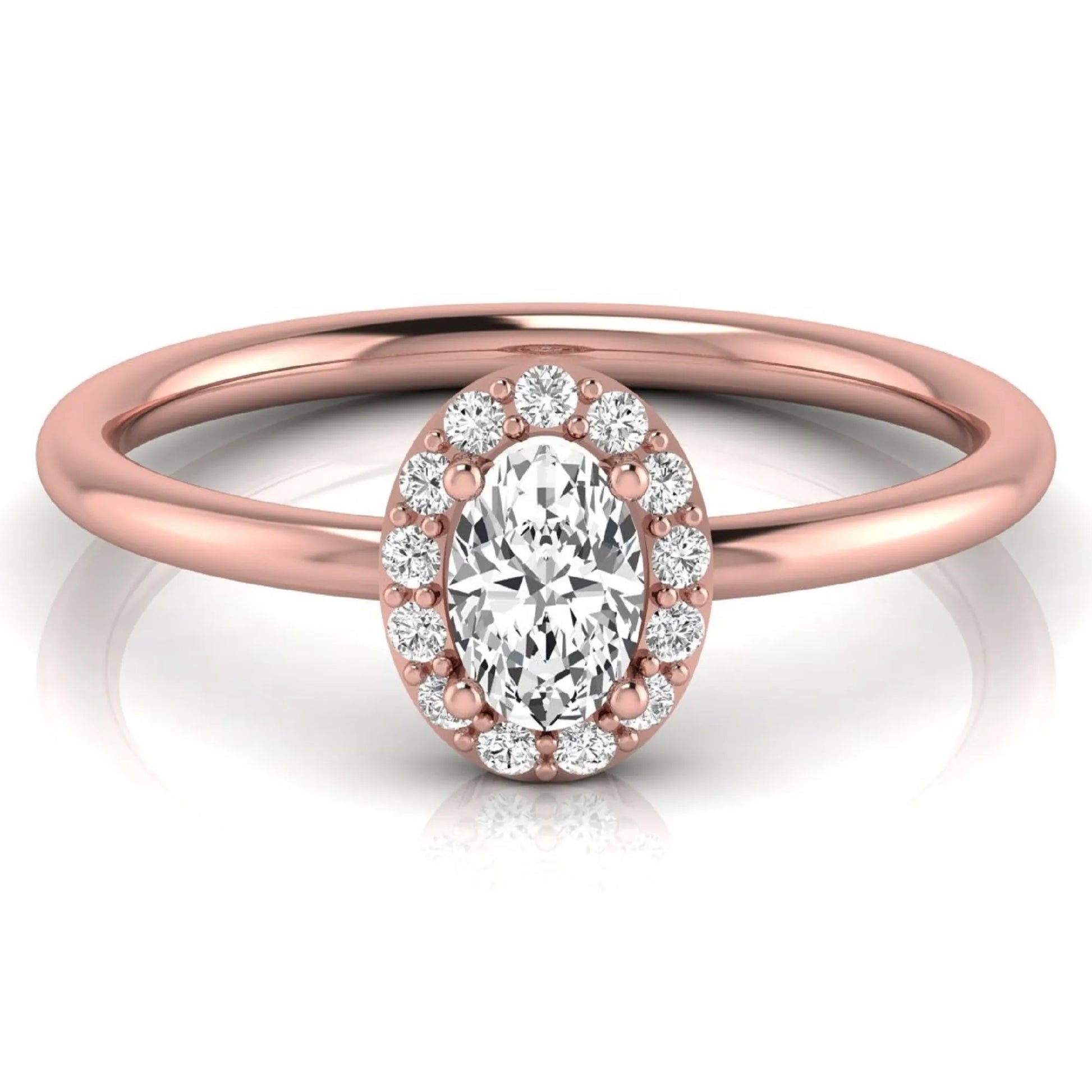 Oval halo lab grown diamond engagement ring featuring a 0.43 carat oval cut center diamond surrounded by round halo diamonds in a rose gold design.