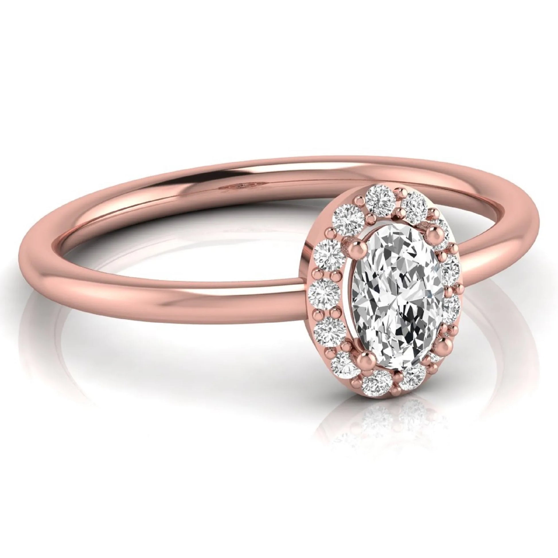 Oval halo lab grown diamond engagement ring featuring a 0.43 carat oval cut center diamond surrounded by round halo diamonds in a rose gold design.