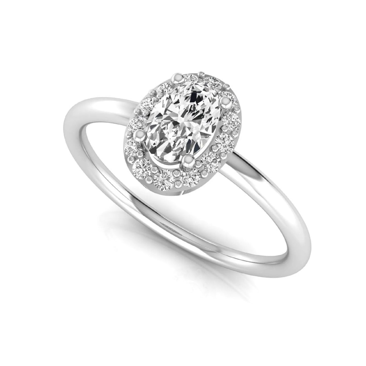 Oval halo lab grown diamond engagement ring featuring a 0.43 carat oval cut center diamond surrounded by round halo diamonds in a white gold design.