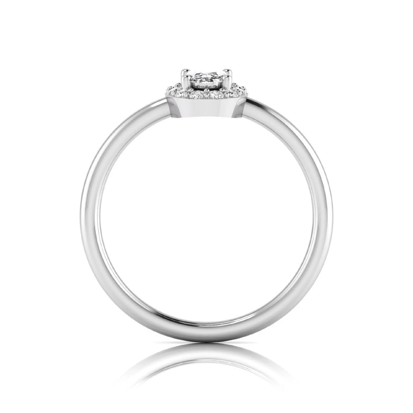 Oval halo lab grown diamond engagement ring featuring a 0.43 carat oval cut center diamond surrounded by round halo diamonds in a white gold design.