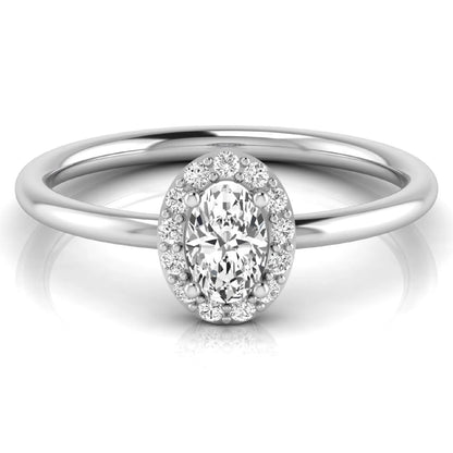 Oval halo lab grown diamond engagement ring featuring a 0.43 carat oval cut center diamond surrounded by round halo diamonds in a white gold design.
