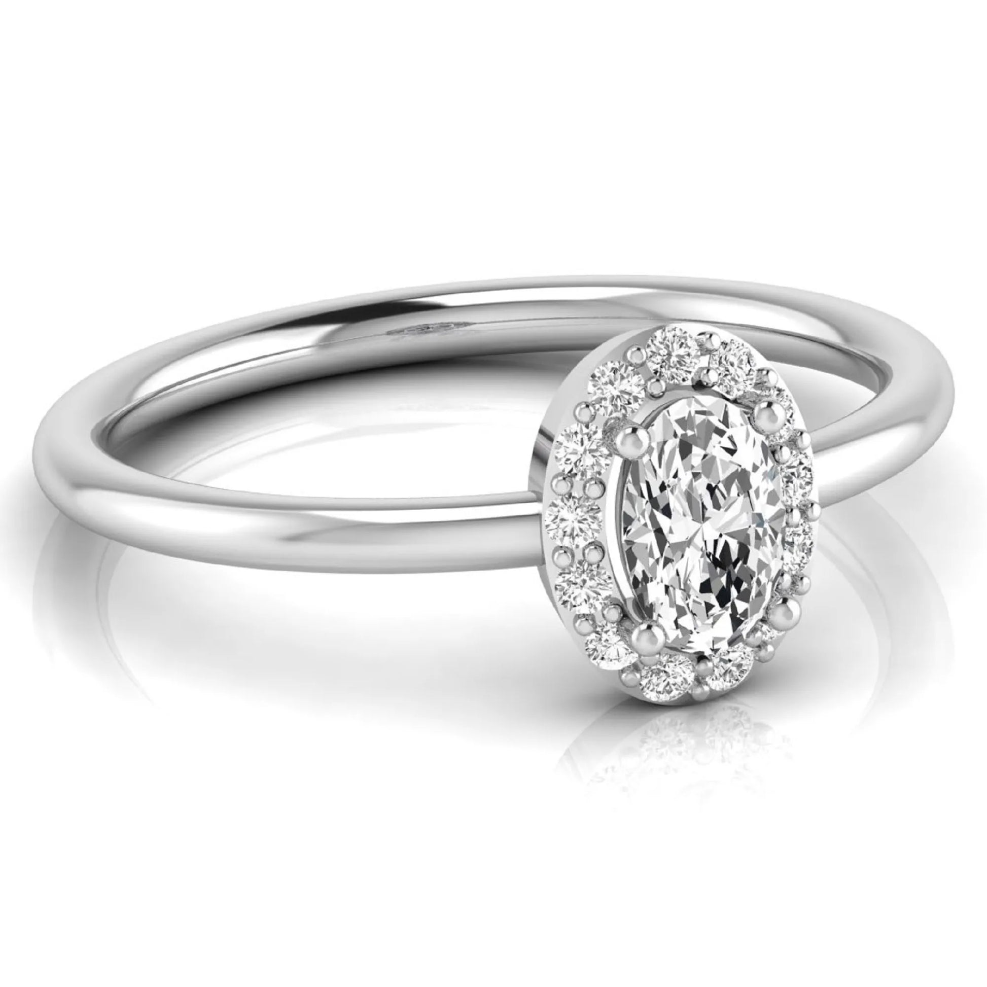 Oval halo lab grown diamond engagement ring featuring a 0.43 carat oval cut center diamond surrounded by round halo diamonds in a white gold design.