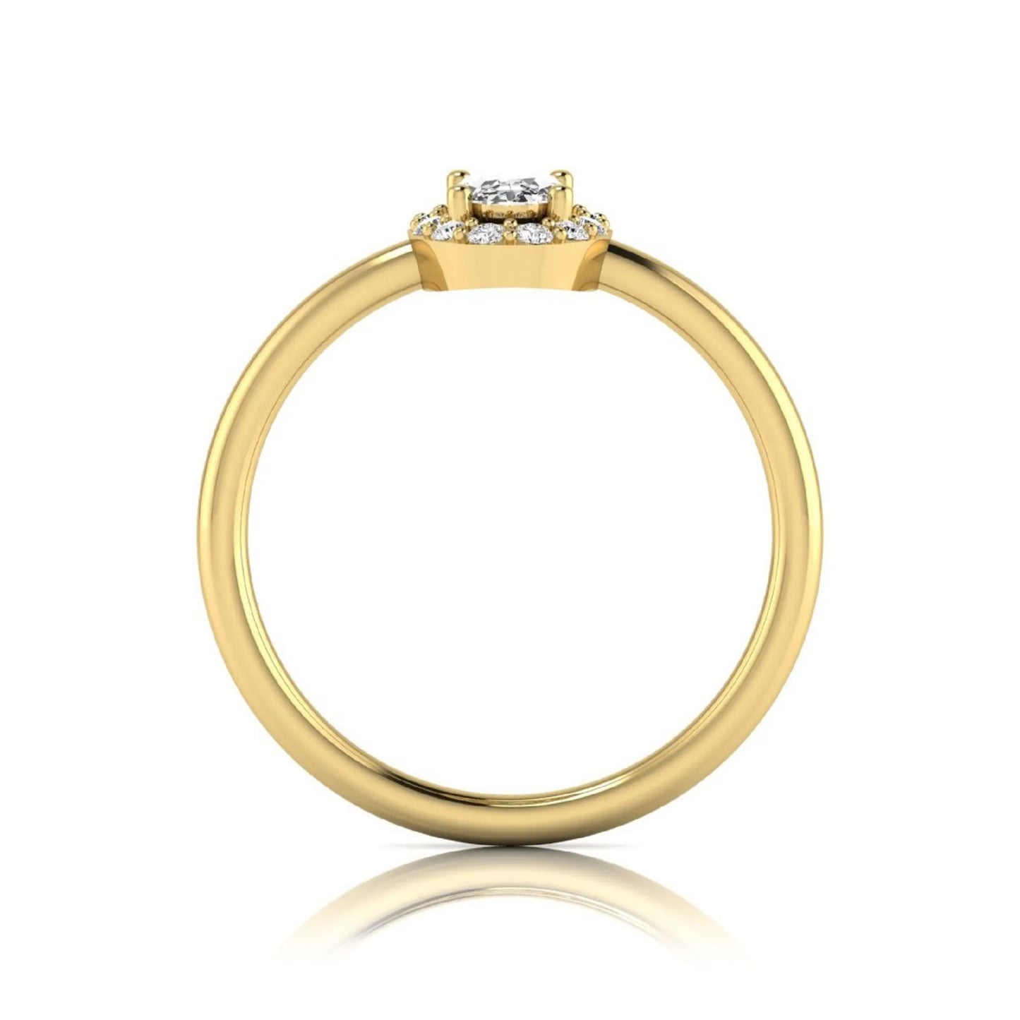 Oval halo lab grown diamond engagement ring featuring a 0.43 carat oval cut center diamond surrounded by round halo diamonds in a yellow gold design.