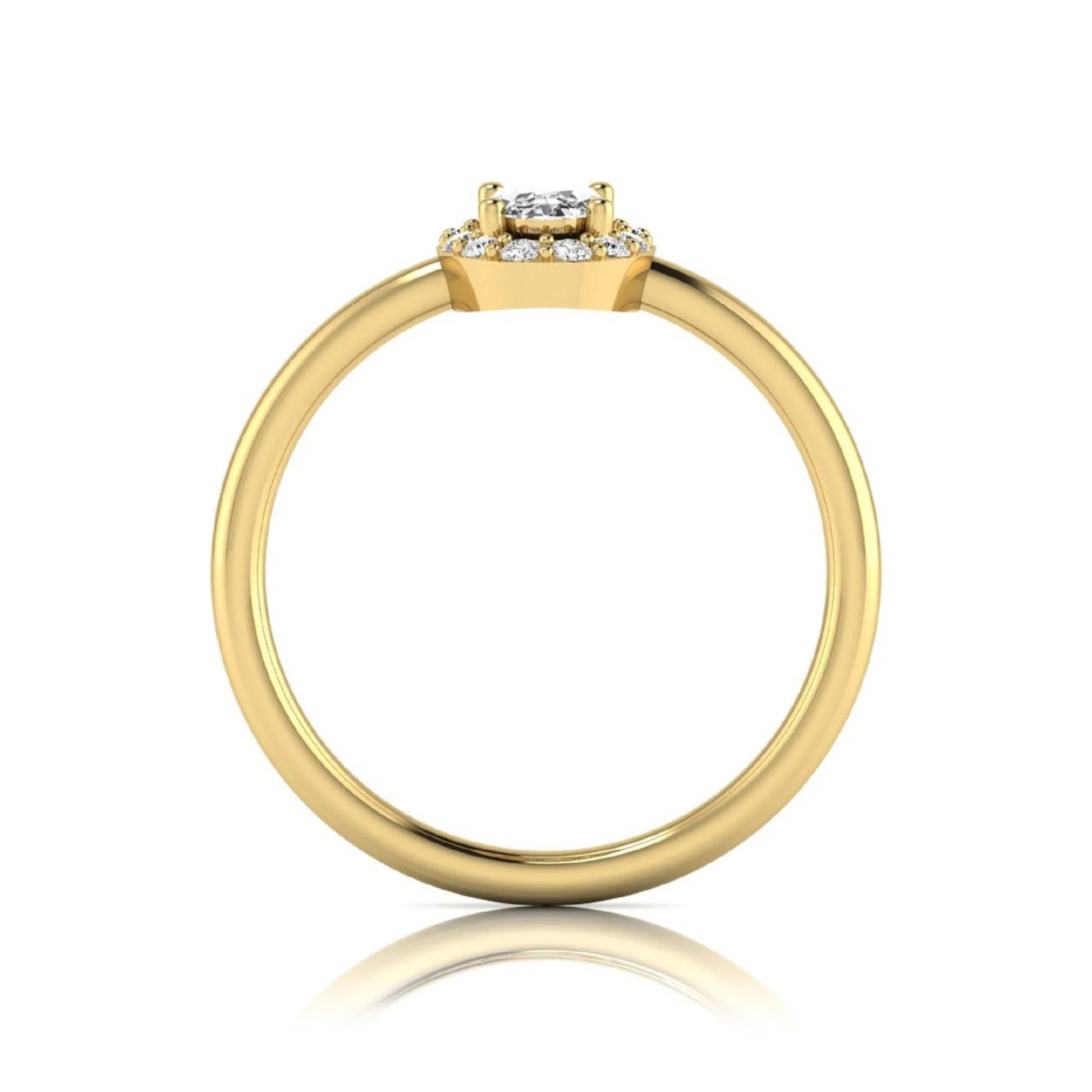 Oval halo lab grown diamond engagement ring featuring a 0.43 carat oval cut center diamond surrounded by round halo diamonds in a yellow gold design.