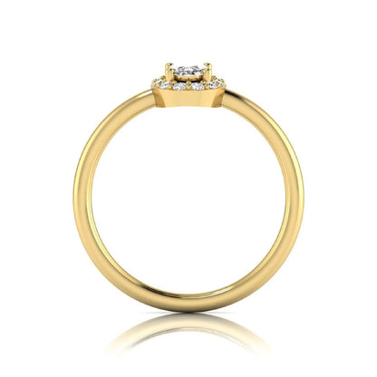 Oval halo lab grown diamond engagement ring featuring a 0.43 carat oval cut center diamond surrounded by round halo diamonds in a yellow gold design.