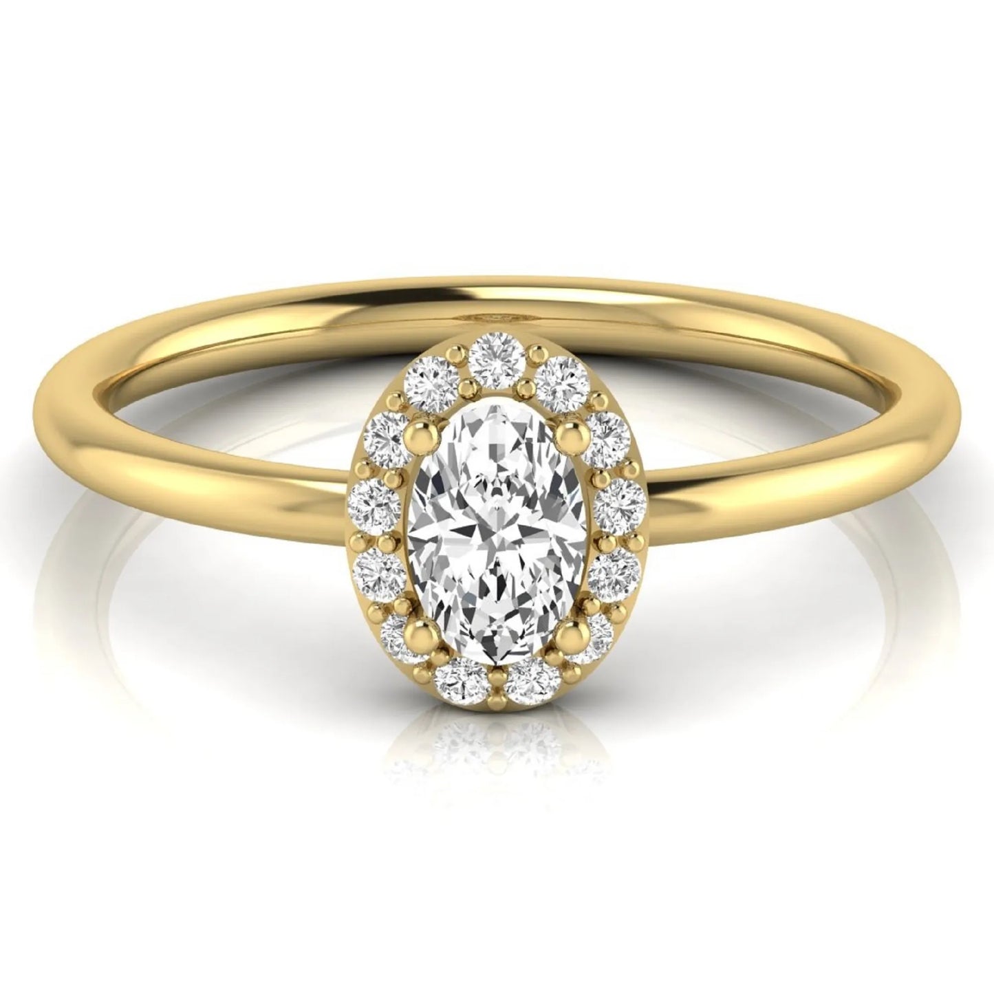 Oval halo lab grown diamond engagement ring featuring a 0.43 carat oval cut center diamond surrounded by round halo diamonds in a yellow gold design.