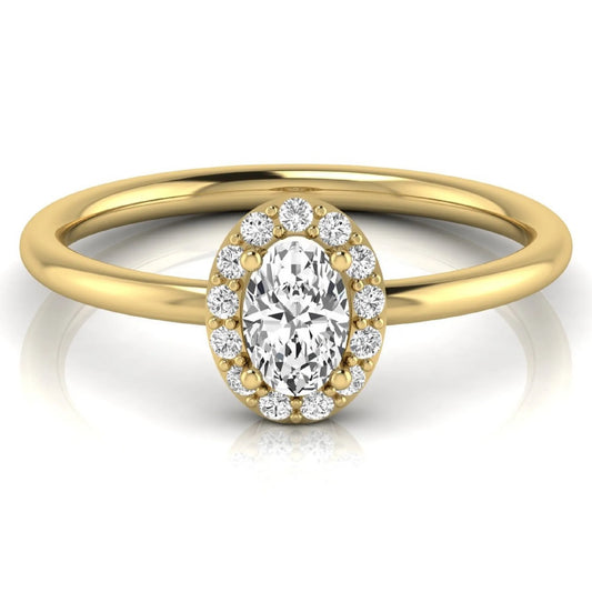 Oval halo lab grown diamond engagement ring featuring a 0.43 carat oval cut center diamond surrounded by round halo diamonds in a yellow gold design.