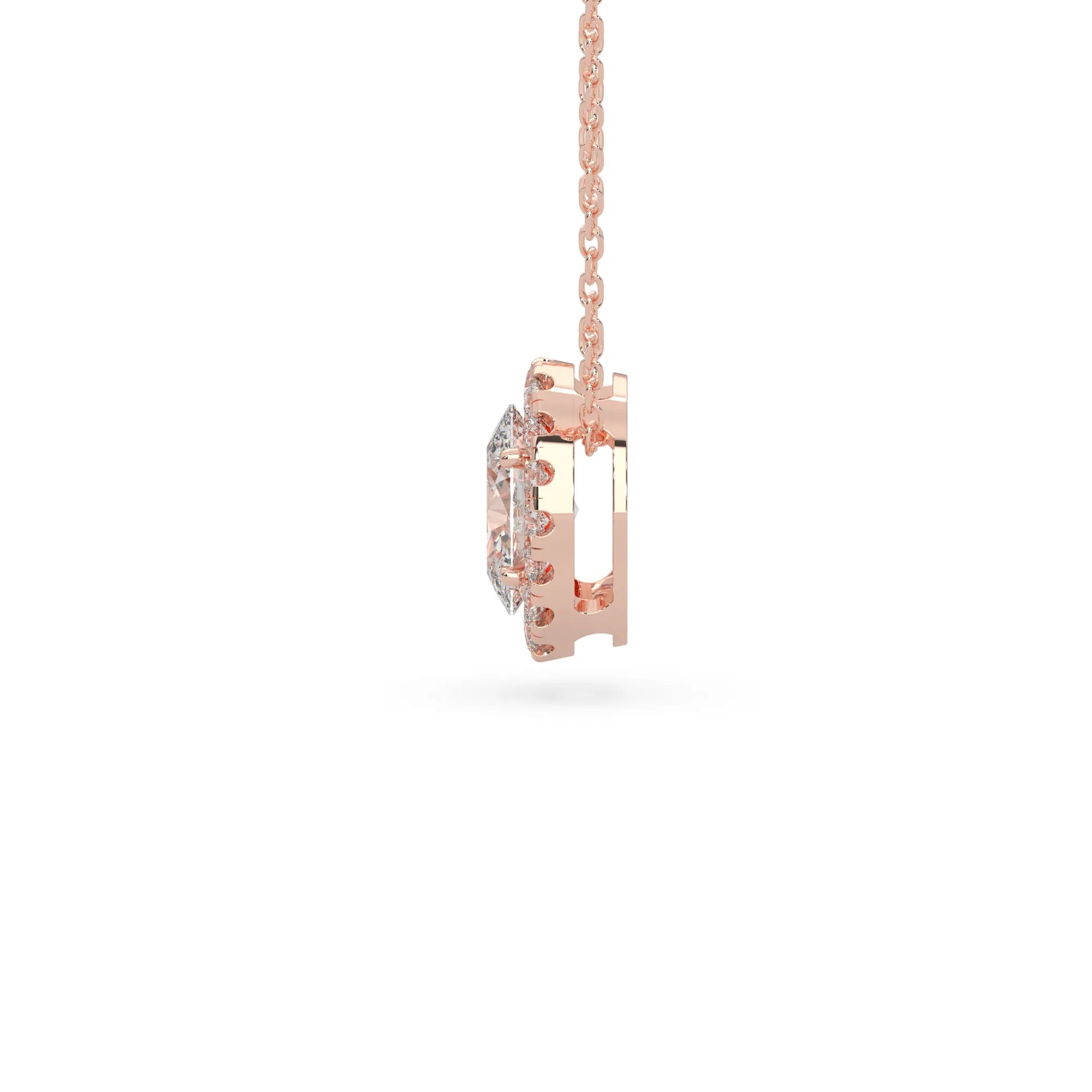 Oval cut lab grown diamond halo pendant necklace with round diamond halo and prong setting in rose  gold tone.