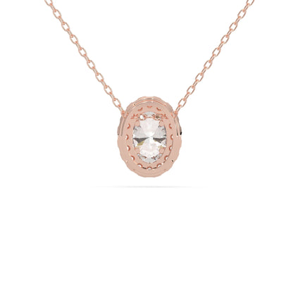 Oval cut lab grown diamond halo pendant necklace with round diamond halo and prong setting in rose  gold tone.