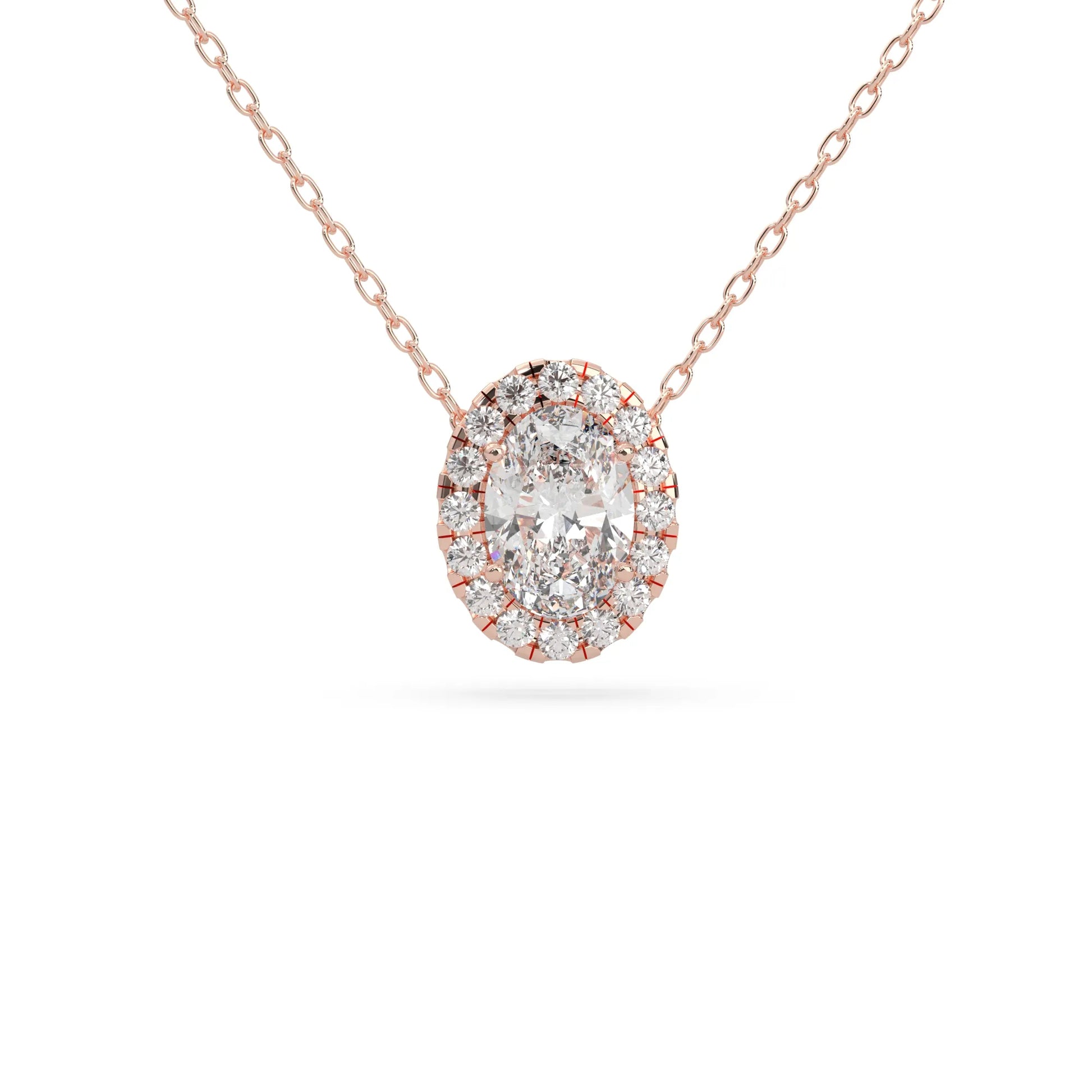 Oval cut lab grown diamond halo pendant necklace with round diamond halo and prong setting in rose  gold tone.