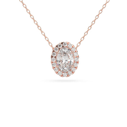 Oval cut lab grown diamond halo pendant necklace with round diamond halo and prong setting in rose  gold tone.