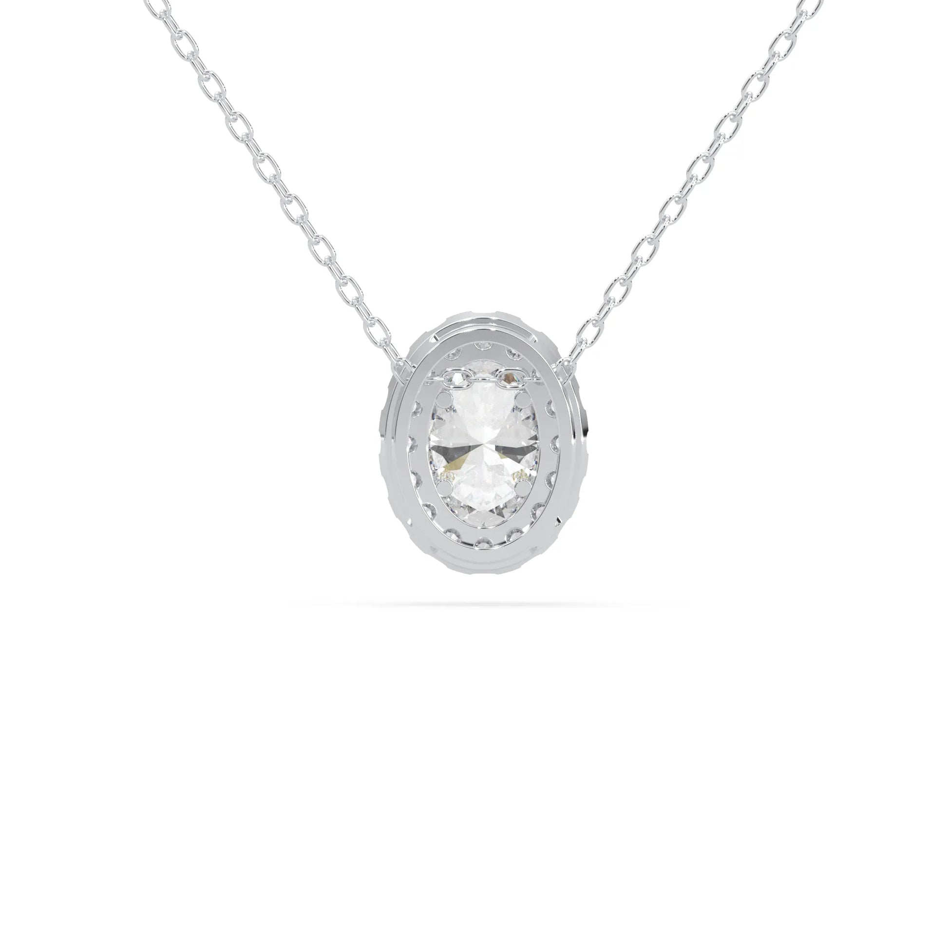 Oval cut lab grown diamond halo pendant necklace with round diamond halo and prong setting in white gold tone.